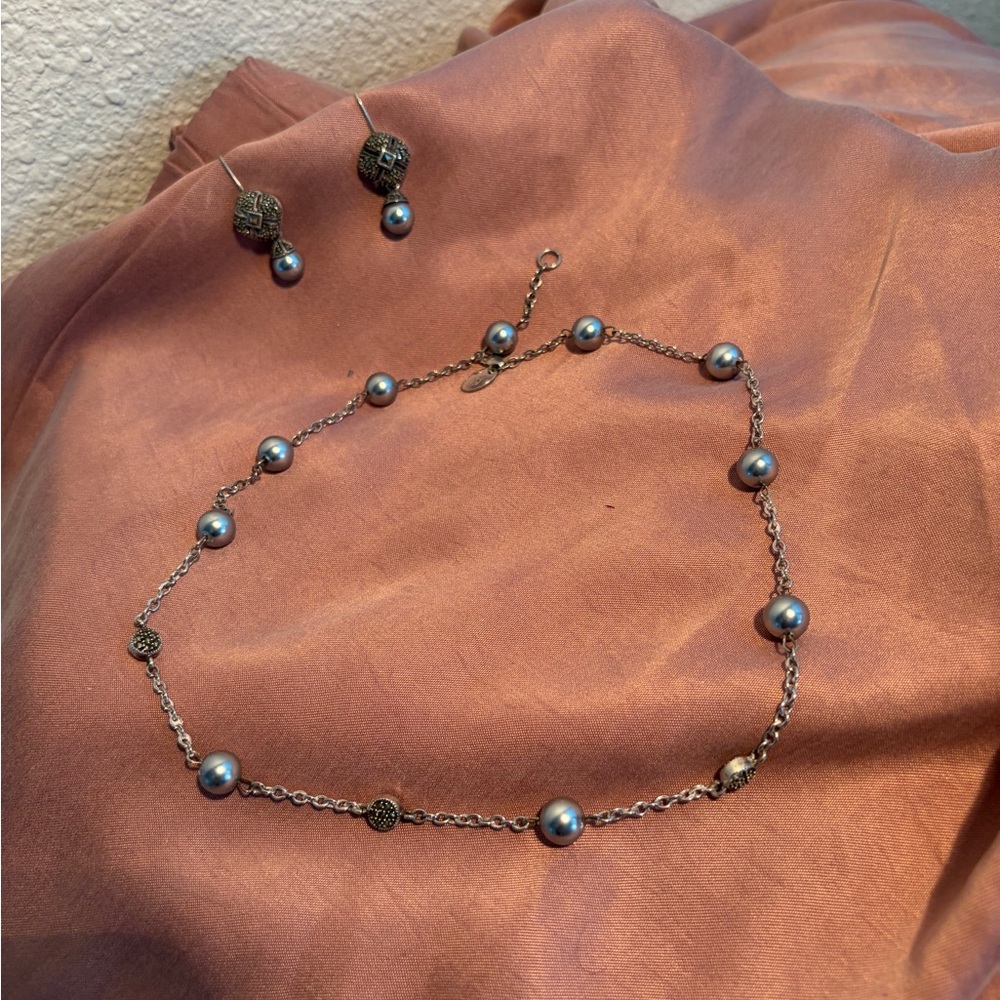 Sterling Silver Marcasite and Pearl Station Necklace and Earrings Set